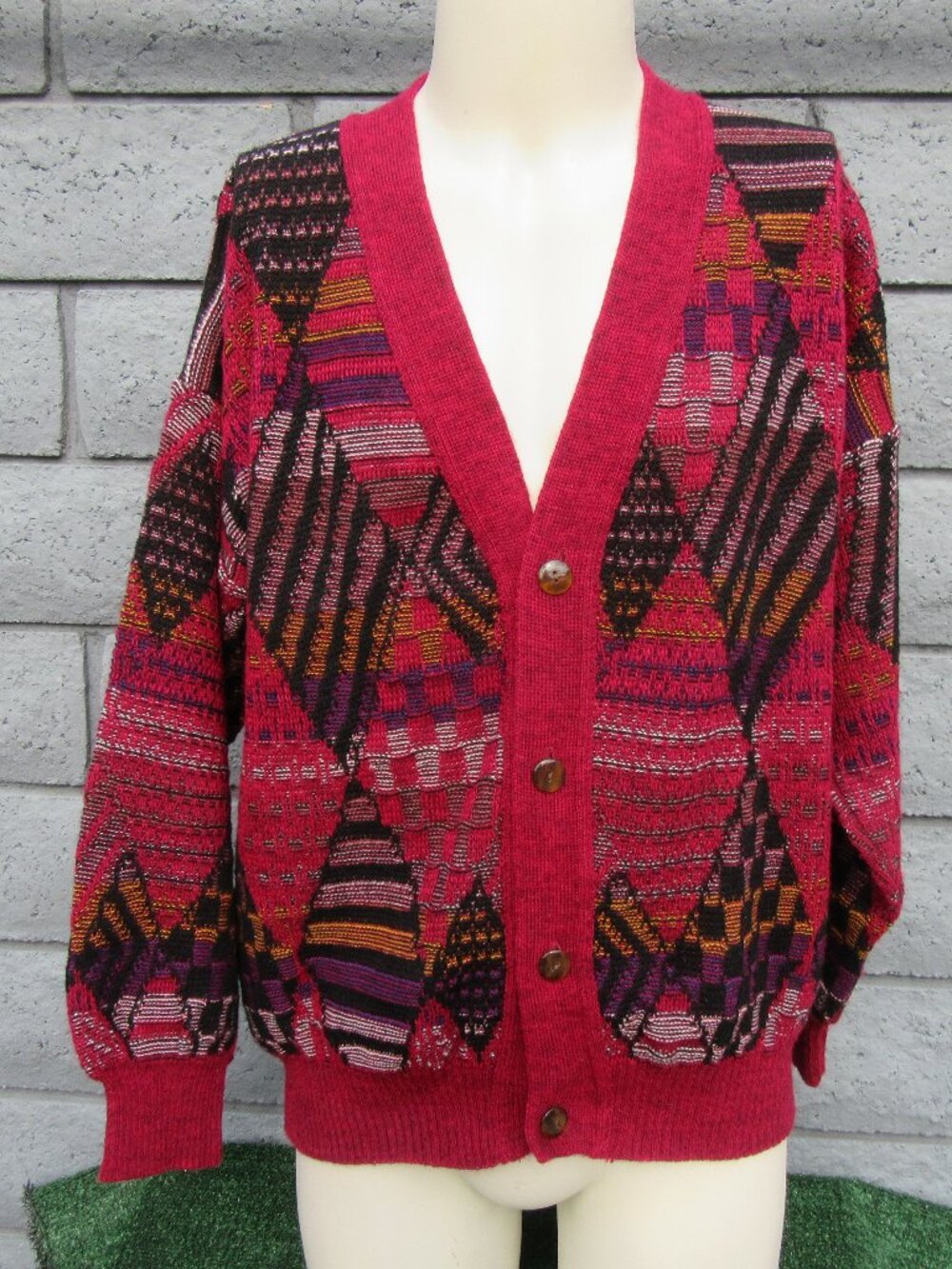 Vintage Masaccio Red Geometric Cardigan Sweater Men's Size Large 52 Wool Italy
